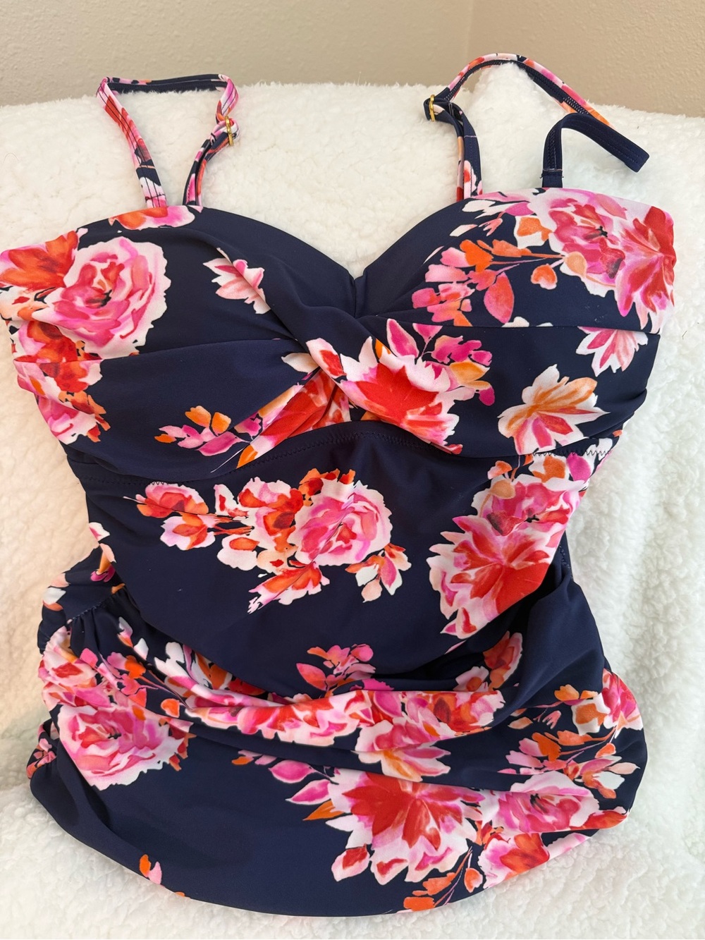 Size 10 one piece swimsuit, ruched & figure flattering, navy & pink, EUC
